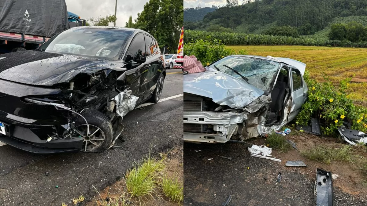 Motorista fica ferida após colisão entre Volvo EX30 e Corsa na SC-110, em Rodeio