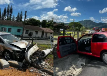 Colisão entre 2 carros em Pomerode termina com impacto em poste e incêndio em árvore