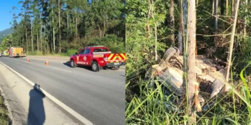 Condutor morre após sair de pista e capotar na BR-470, entre Indaial e Rodeio