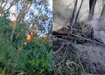 Imagens mostram destroços e fogo após queda de balão em Praia Grande