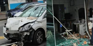 Errou a direção e acertou a fachada: carro invade loja fechada em Blumenau