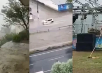 Temporais com granizo derrubam árvores, causam alagamentos e destroem tendas de palco em SC